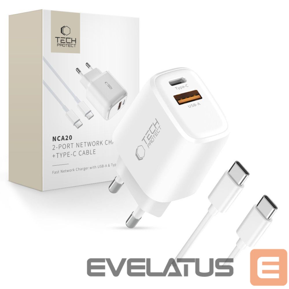 Kitos prekės Tech-Protect Tech-Protect NCA20 PD 20W QC3.0 USB-A / USB-C Wall Charger + USB-C / USB-C Cable 100cm - White