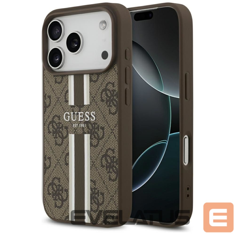 Kitos prekės Guess Guess 4G Printed Stripes MagSafe case for iPhone 17 Pro - brown