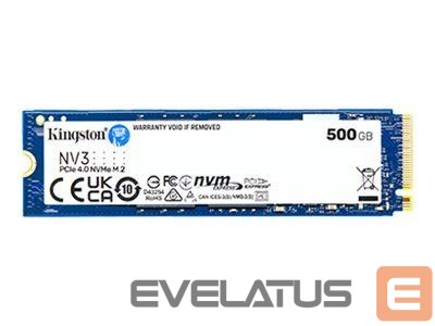 Kietasis diskas SDD Kingston SSD | NV3 | 500 GB | SSD form factor M.2 2280 | Solid-state drive interface PCIe NVMe Gen 4.0 (x4) | Read speed 5000 MB/s | Write speed 3000 MB/s