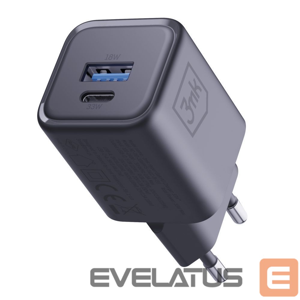 Kitos prekės 3MK 3mk Hyper Charger PD 33W GaN QC4+ PPS AFC FCP SCP 1A1C Wall Charger - Black