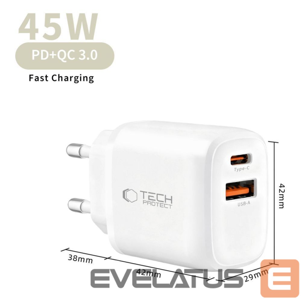 Kitos prekės Tech-Protect Tech-Protect NCA45W-GAN 2-Port USB-C / USB-A 45W Wall Charger - White