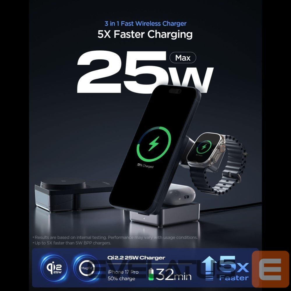 Kitos prekės Spigen Spigen Essential Qi2.2 25W 3in1 MagSafe Magnetic Wireless Charger - Black