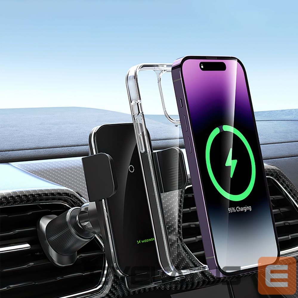 Automatinis laikiklis Wozinsky Wozinsky WEDZ-3Y8S clamp car holder with 15W inductive charger for phone on the air vent - black