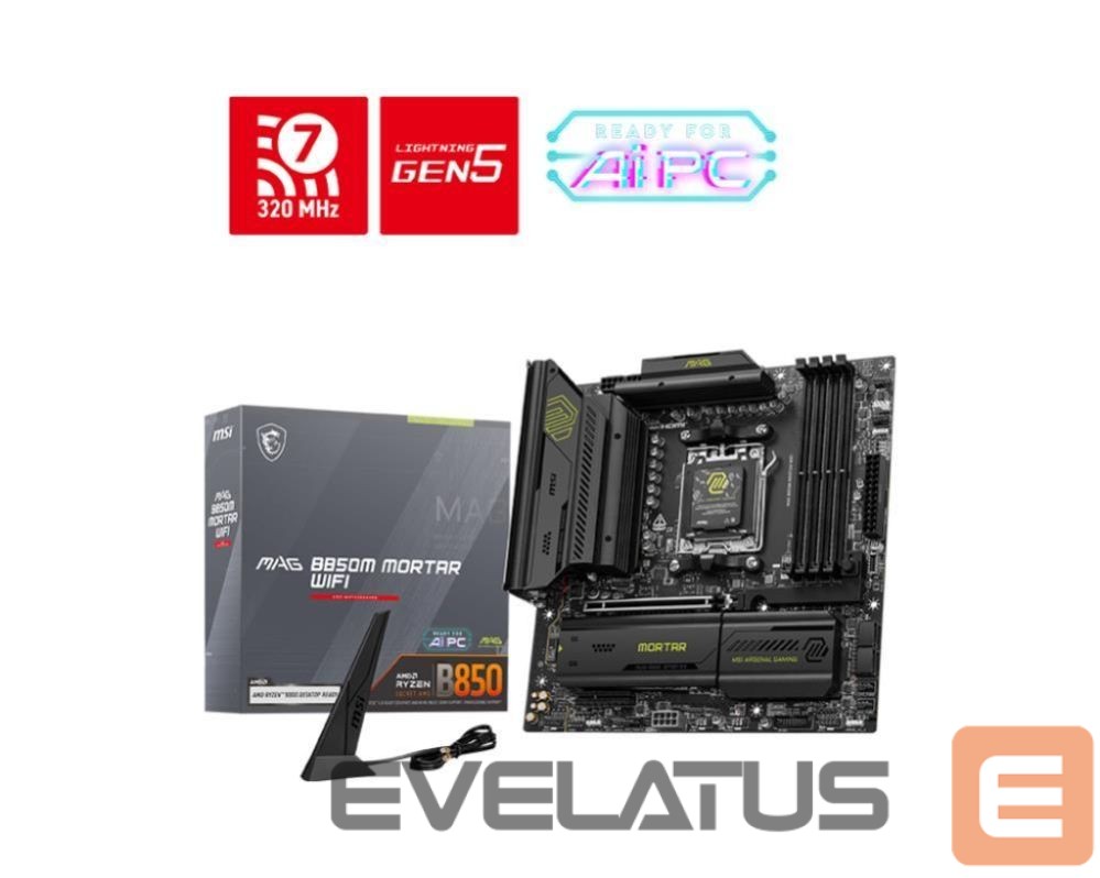 AMD procesoriaus pagrindinė plokštė MSI Mainboard||AMD B850|SAM5|Micro-ATX|Memory DDR5|Memory slots 4|1xPCI-Express 4.0 4x |1xPCI-Express 4.0 8x|1xPCI-Express 4.0 16x|1xPCI-Express 5.0 16x|3xM.2|1xHDMI|3xUSB 2.0|4xUSB 3.2|2xUSB-C|1xOptical S/PDIF|1xRJ45|2xAudio port|MAGB850MMORTARWIFI