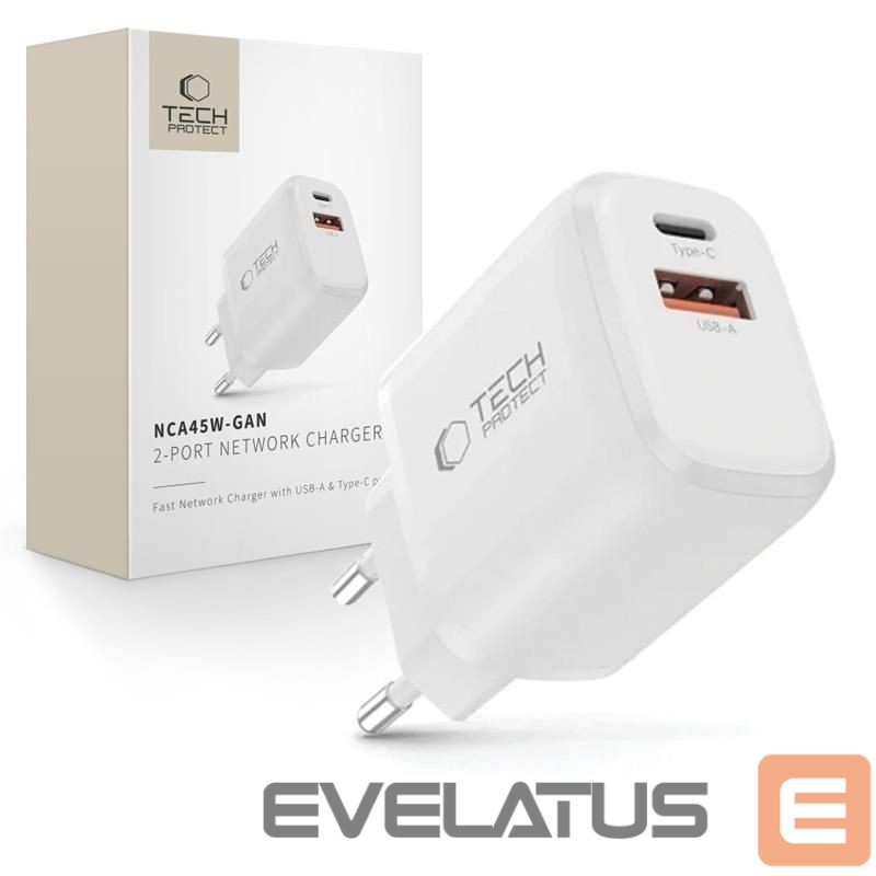 Kitos prekės Tech-Protect Tech-Protect NCA45W-GAN 2-Port USB-C / USB-A 45W Wall Charger - White