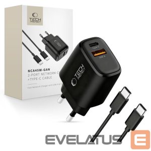 Kitos prekės Tech-Protect  Tech-Protect NCA45W-GAN 2-Port 45W Wall Charger with USB-C Cable - Black 