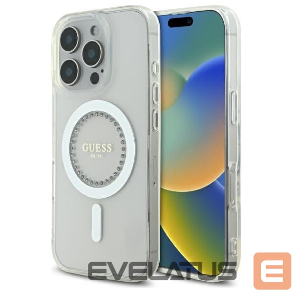 Kitos prekės Guess Guess IML Rhinestones MagSafe Case for iPhone 16 Pro Max - White