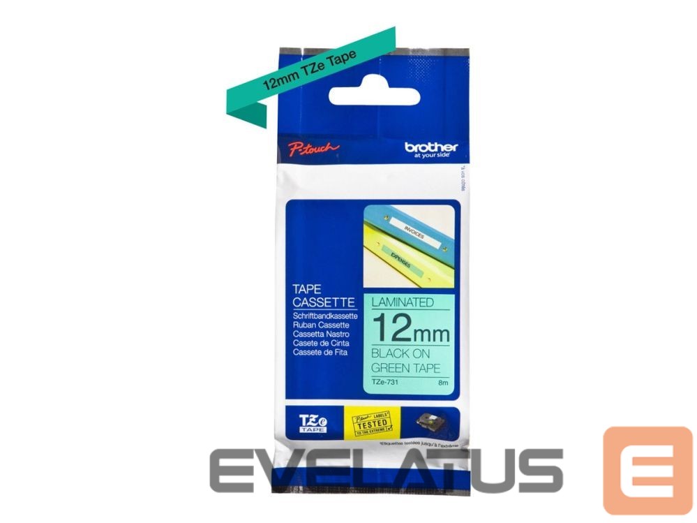 Eksploatacinės medžiagos spausdintuvams Brother | TZe-731 Laminated Tape | Black on Green | TZe | 8 m | 1.2 cm