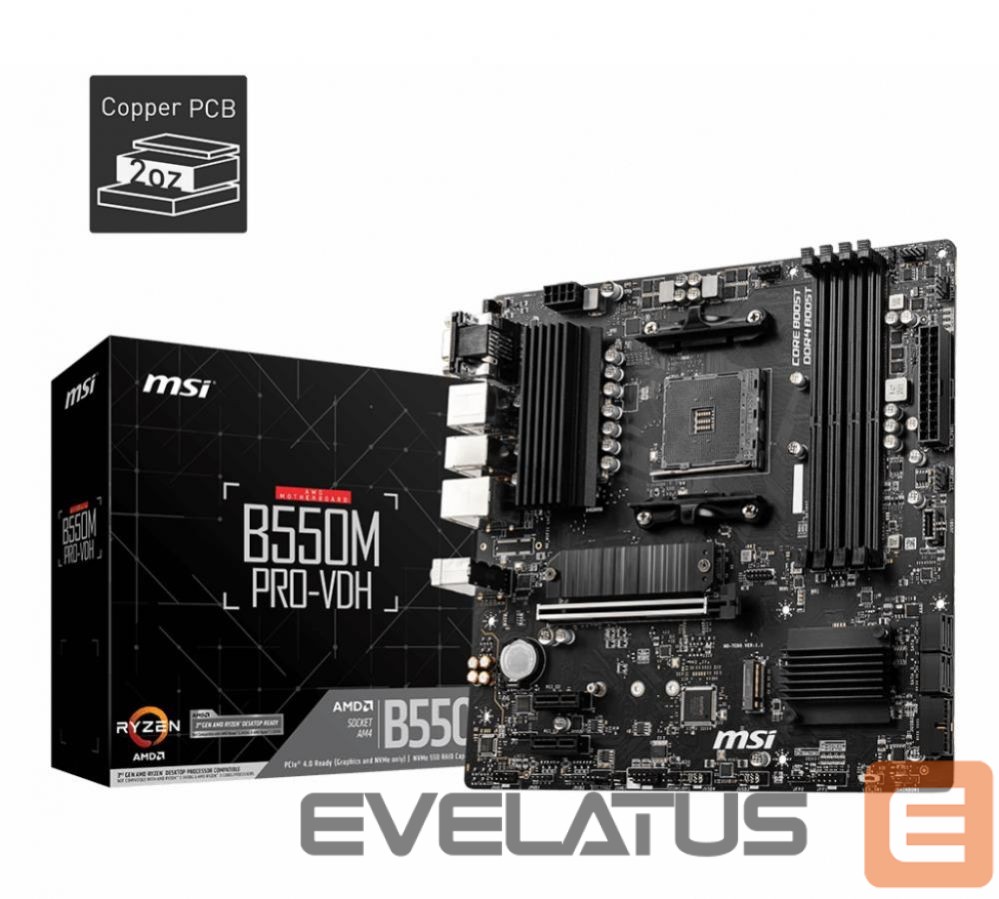 AMD procesoriaus pagrindinė plokštė MSI Mainboard||AMD B550|SAM4|MicroATX|Memory DDR4|Memory slots 4|2xPCI-Express 3.0 1x|1xPCI-Express 4.0 16x|2xM.2|1x15pin D-sub|1xHDMI|1xDisplayPort|2xAudio-In|1xAudio-Out|2xUSB 2.0|4xUSB 3.2|1xPS/2|1xRJ45|B550MPRO-VDH