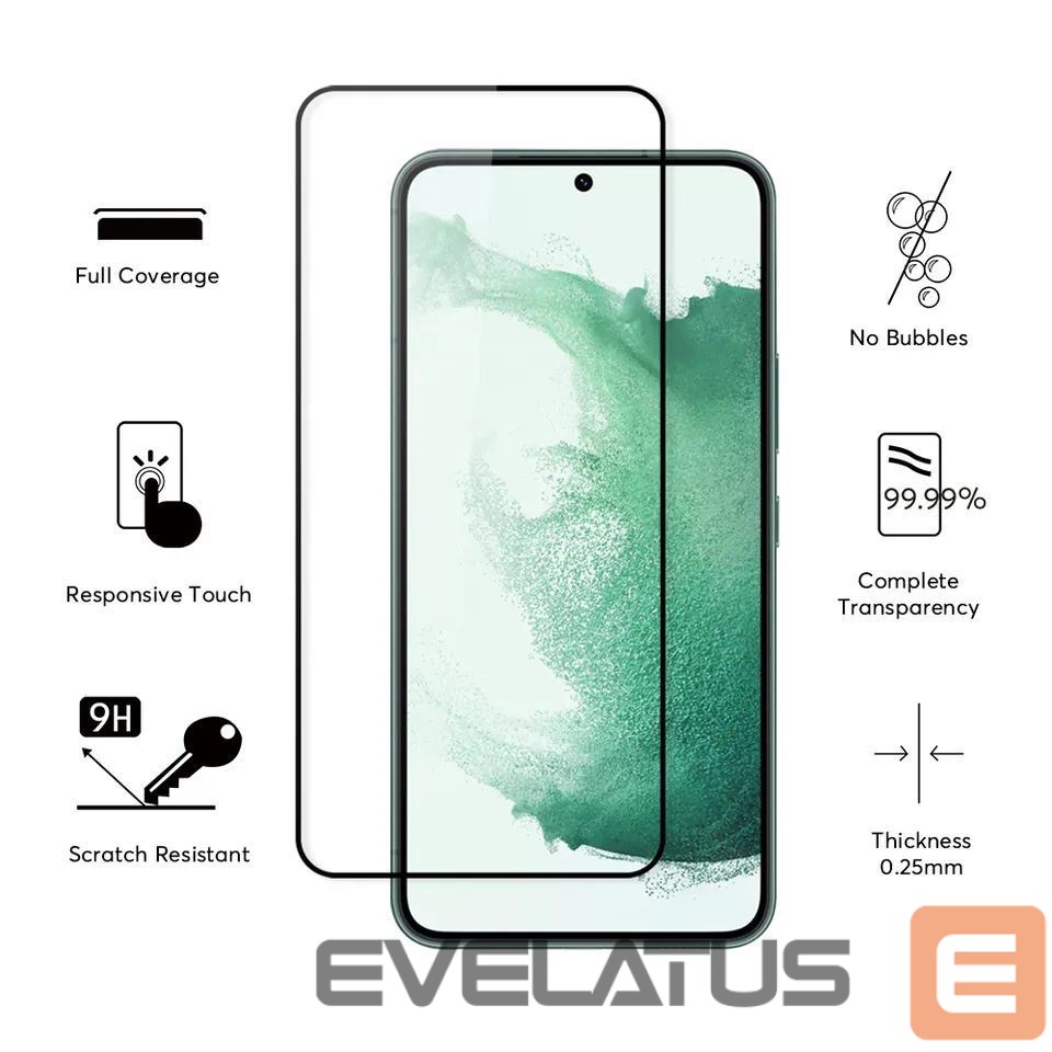 Apsauginiai stiklai Evelatus Samsung Galaxy S22 2.5D Full Cover Japan Glue Glass Anti-Static
