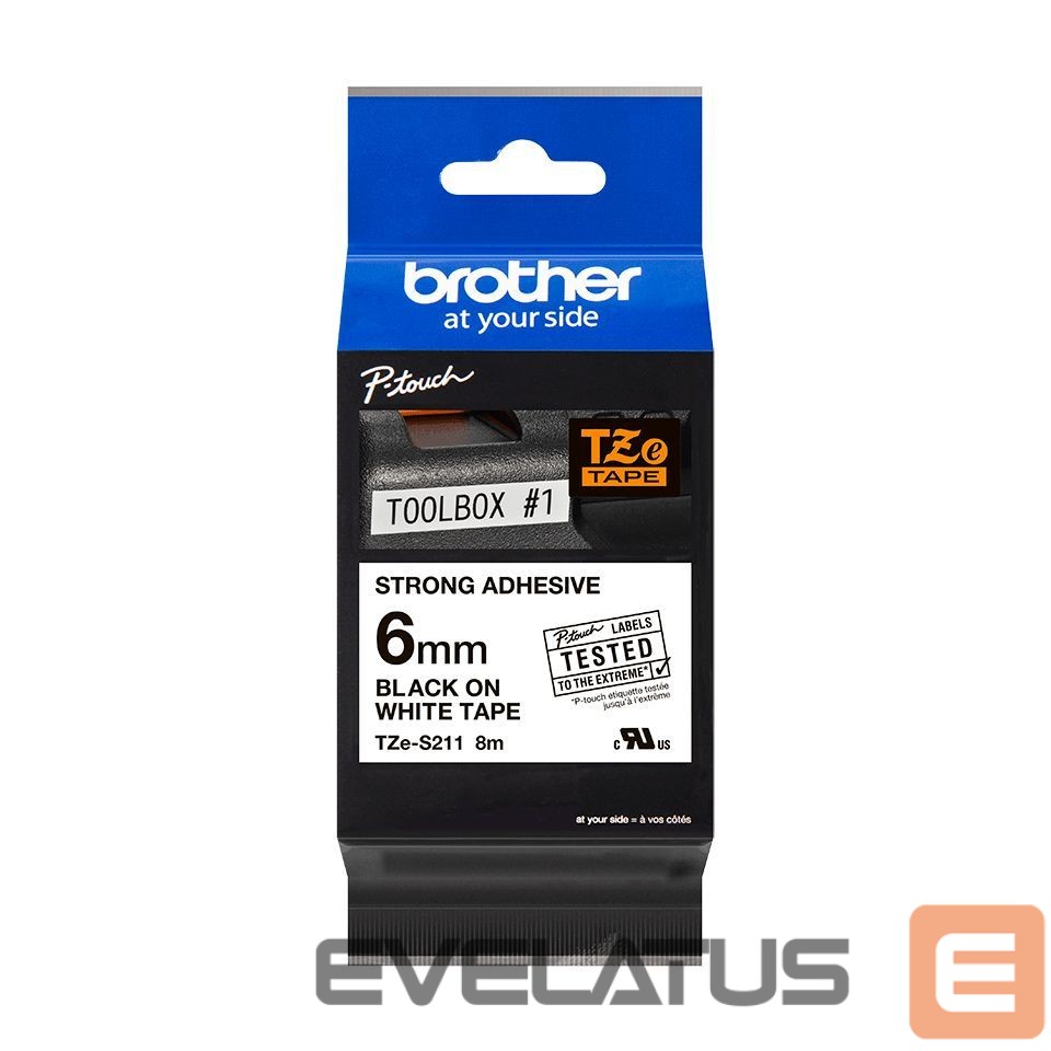 Eksploatacinės medžiagos spausdintuvams Brother TZe-S211 Strong Adhesive Laminated Tape Black on White, TZe, 8 m, 6 mm