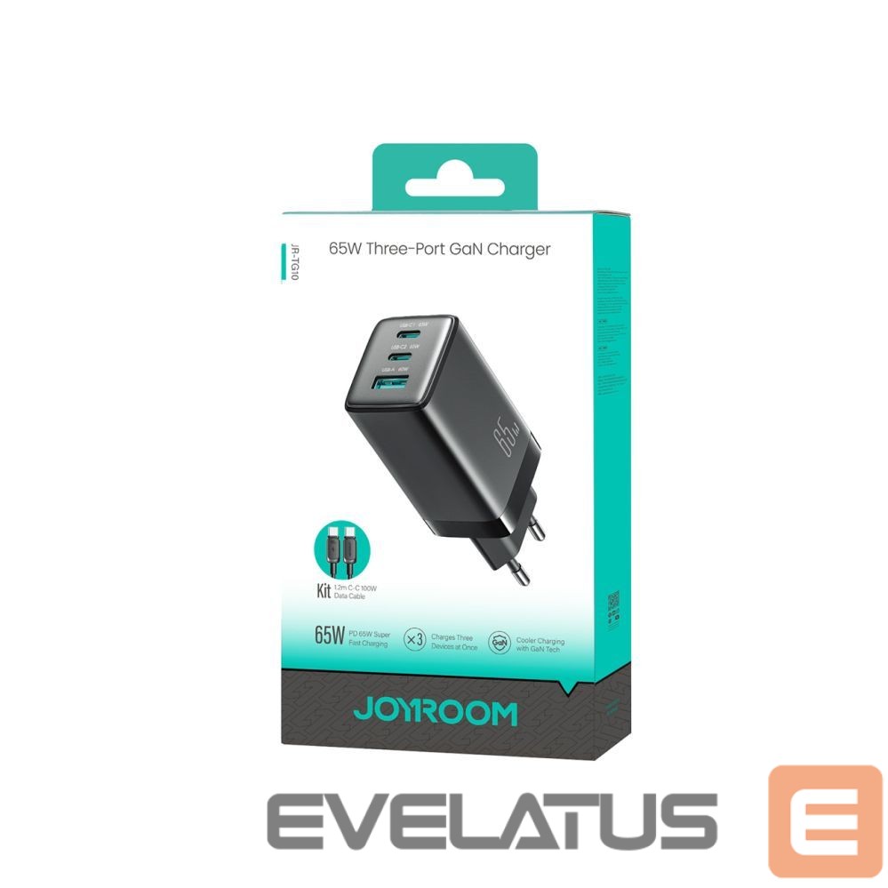 Kitos prekės Joyroom Joyroom JR-TG10 65W GaN 2x USB-C + USB-A wall charger with 100W USB-C - USB-C 1.2m cable - black