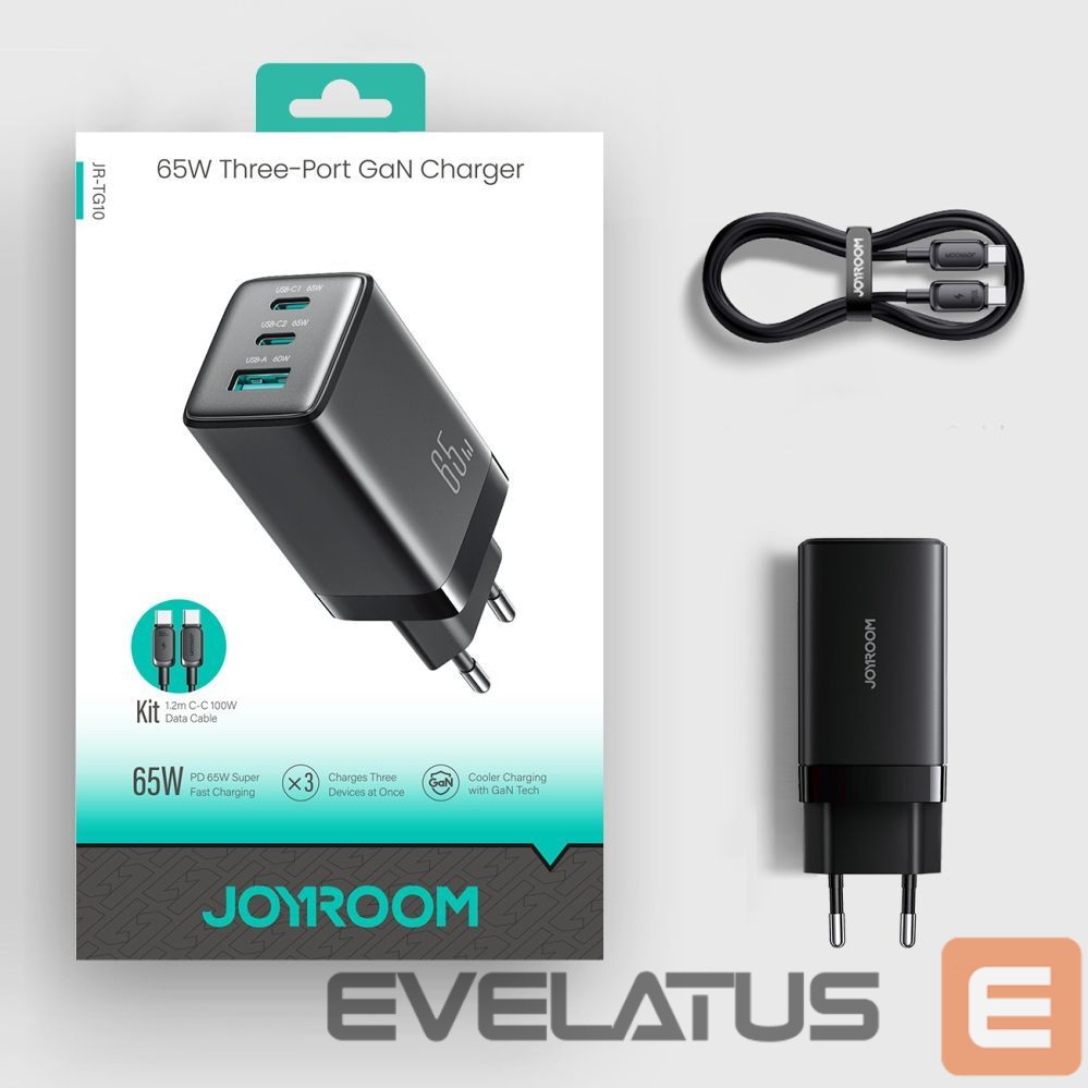 Kitos prekės Joyroom Joyroom JR-TG10 65W GaN 2x USB-C + USB-A wall charger with 100W USB-C - USB-C 1.2m cable - black