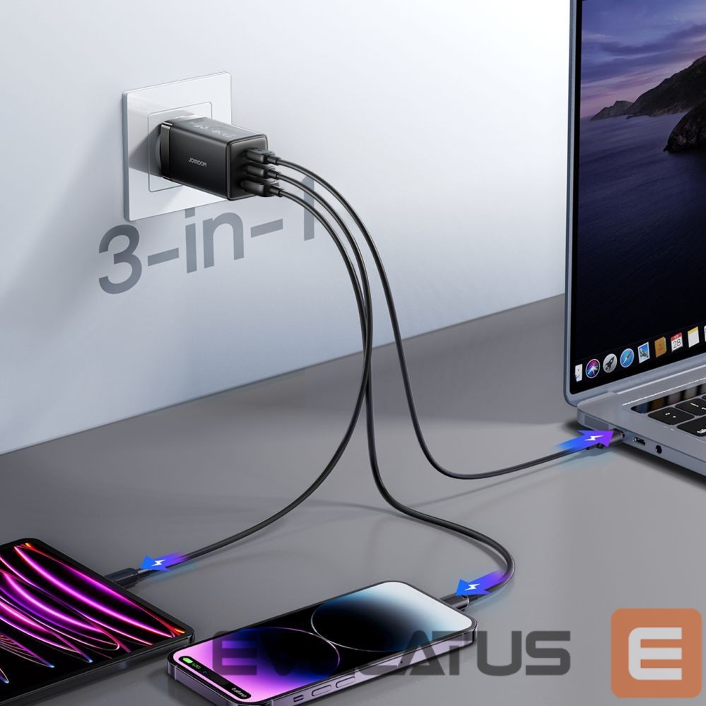 Kitos prekės Joyroom Joyroom JR-TG10 65W GaN 2x USB-C + USB-A wall charger with 100W USB-C - USB-C 1.2m cable - black