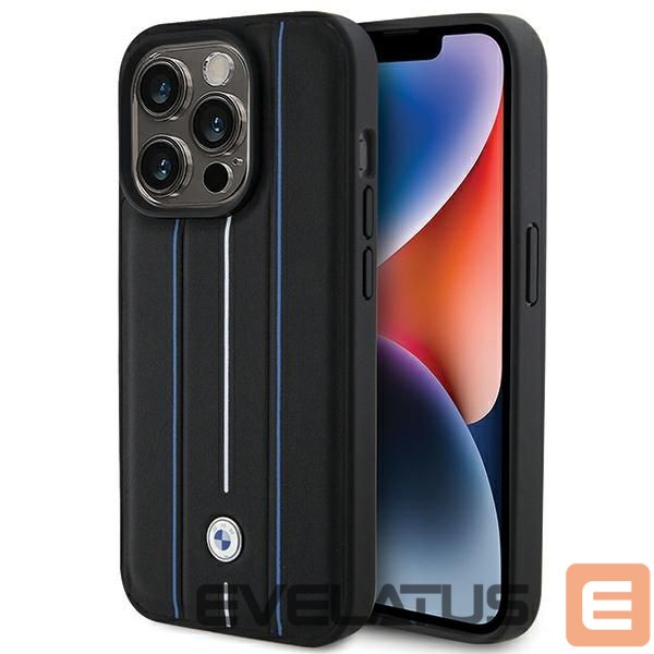 Kitos prekės BMW BMW Leather Stamp Blue Line Case for iPhone 15 Pro Max - Black