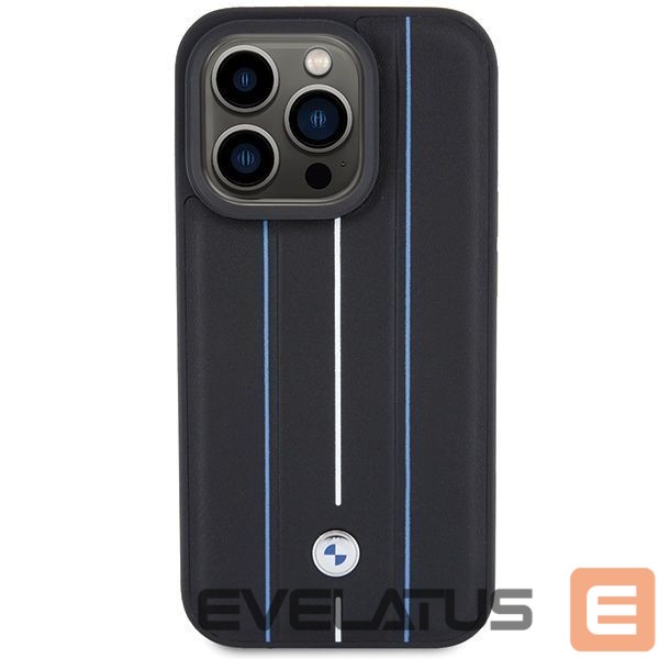 Kitos prekės BMW BMW Leather Stamp Blue Line Case for iPhone 15 Pro Max - Black