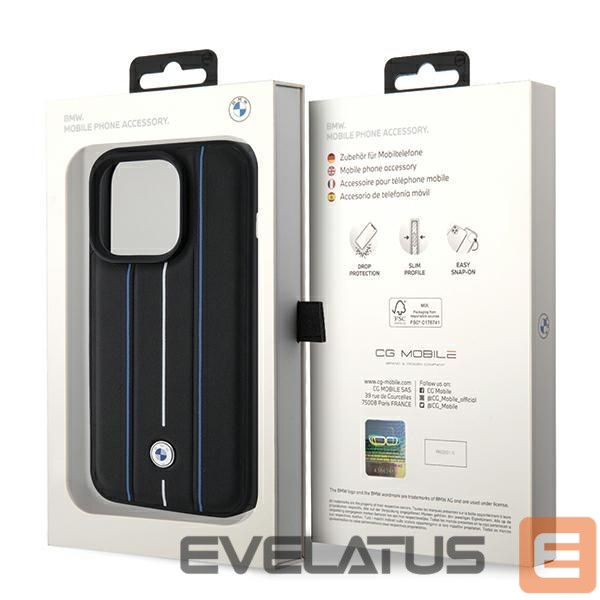 Kitos prekės BMW BMW Leather Stamp Blue Line Case for iPhone 15 Pro Max - Black