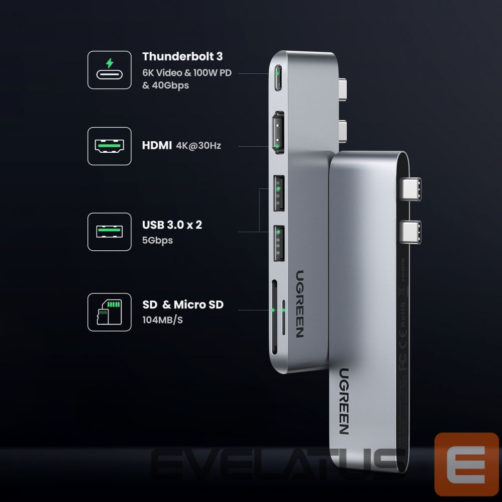 Adapteris Ugreen HUB Ugreen CM380 2xUSB C - HDMI/2xUSB 3.0/SD TF/USB C PD - gray