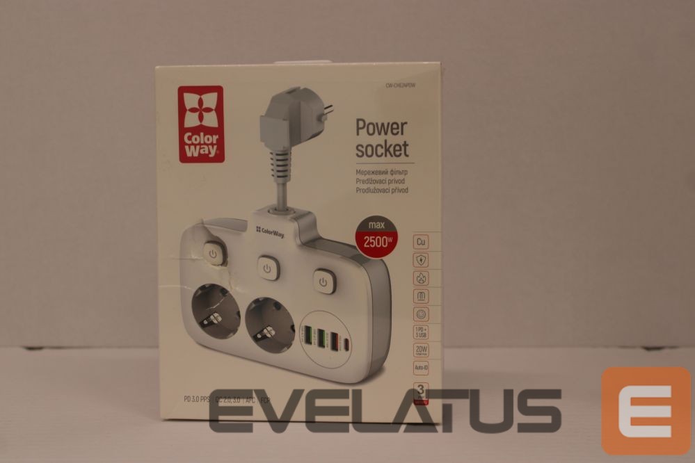Kabelis ColorWay SALE OUT. CW-CHE24PDW Power Socket: 2xEU plugs/3xUSB-A/1xUSB-C White 2.5M | Power Socket | CW-CHE24PDW | DAMAGED PACKAGING