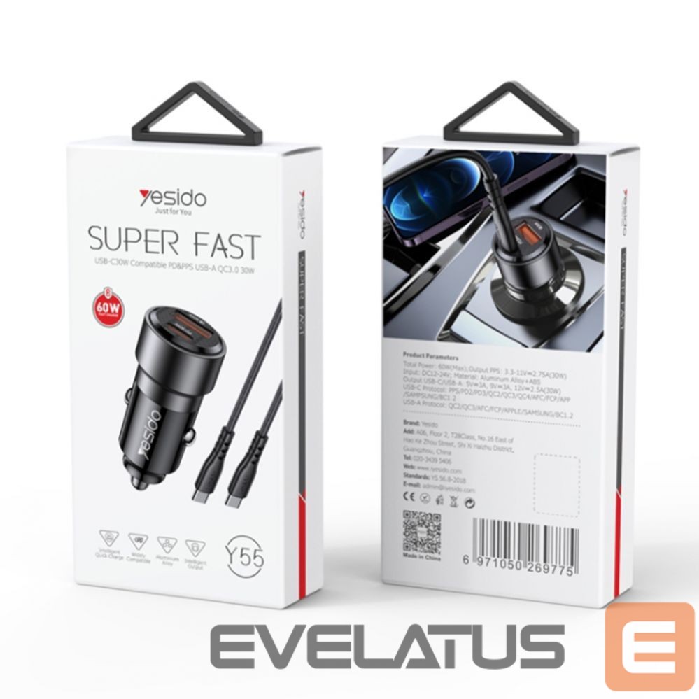 Automobiliniai įkrovikliai yesido Y55 60W Fast Charging Car Charger | With TC to TC cable car cigarette lighting port charger adapter Black