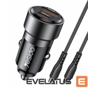Automobiliniai įkrovikliai yesido  Y55 60W Fast Charging Car Charger | With TC to TC cable car cigarette lighting port charger adapter Black