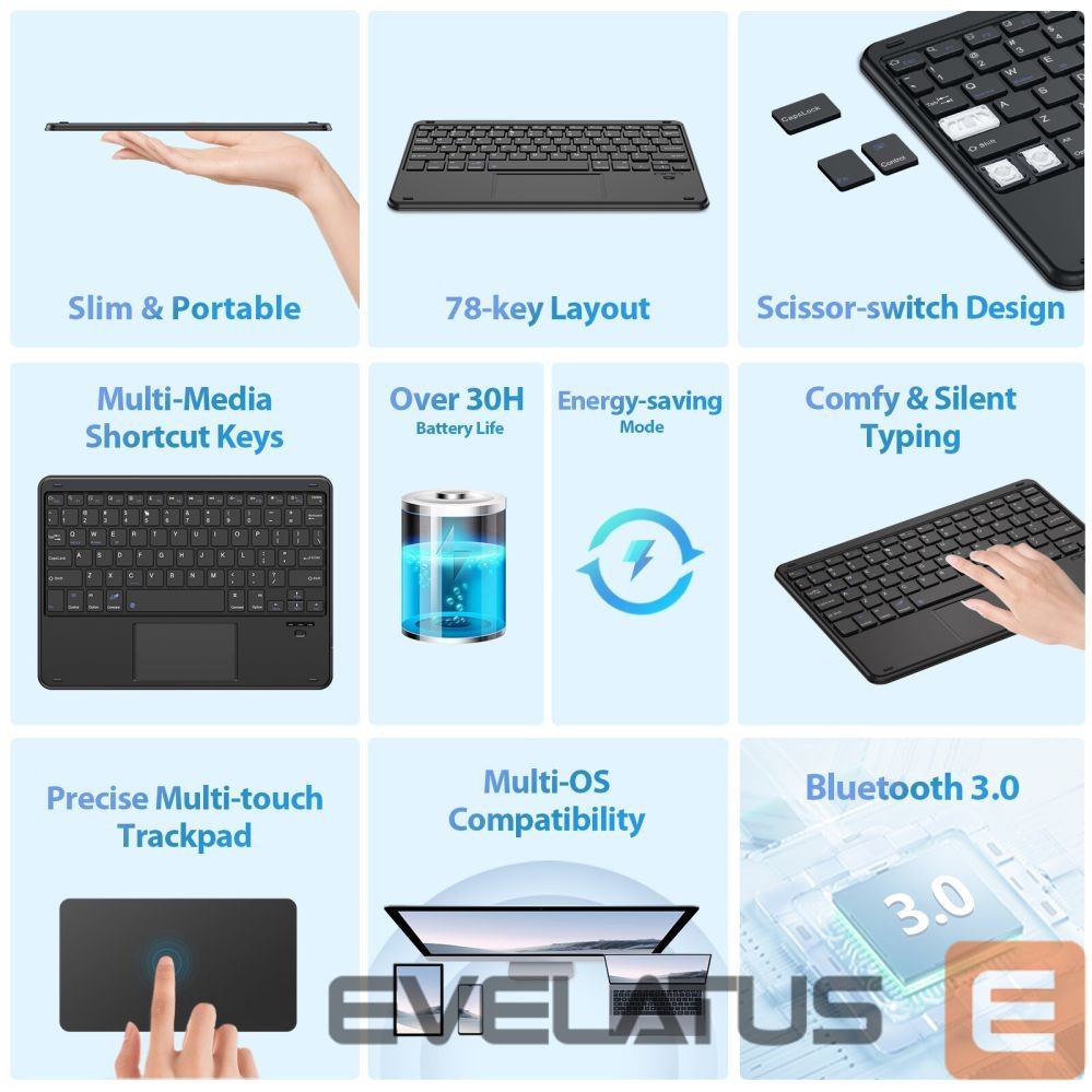 Kompiuterio klaviatūra Blackview K2 Bluetooth Keyboard Wireless Slim 10" for Tablet & Smartphone, Bluetooth 3.0, 280mAh Battery, Windows / Android / iOS Black