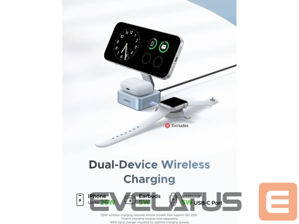 Belaidis įkroviklis Ugreen Magnetic Charger 25W 2-in-1 55960B Wireless, Qi2.2 35W Gray