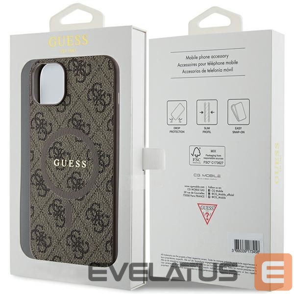 Nugarėlės dėklai Guess Guess 4G Collection Leather Metal Logo MagSafe Case for iPhone 15 Plus / 14 Plus - Brown