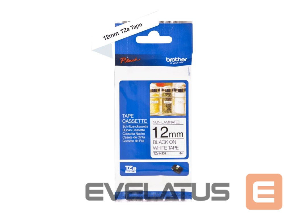 Eksploatacinės medžiagos spausdintuvams Brother TZe-N231 Labelling Tape Cassette – Black on White, 12mm wide, 8m long