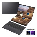 Nešiojamas kompiuteris Asus  | Zenbook Duo UX8407AA-SN066W | Moher Gray | 14 " | OLED | Touchscreen | 2.8K | 2880 x 1800 pixels | 144 Hz | Anti-Reflective | Intel Core Ultra X9 | 378H | 32 GB | LPDDR5X | Solid-state drive capacity 2000 GB | Intel Arc Graphics | Windows 11 Pro | 802.11be | Bluetooth version 5.4 | Keyboard language US international | Keyboard backlit | Warranty 24 month(s) | Battery warranty 12 month(s) 