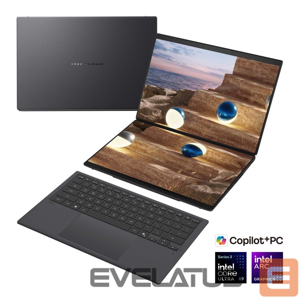 Nešiojamas kompiuteris Asus | Zenbook Duo UX8407AA-SN066W | Moher Gray | 14 " | OLED | Touchscreen | 2.8K | 2880 x 1800 pixels | 144 Hz | Anti-Reflective | Intel Core Ultra X9 | 378H | 32 GB | LPDDR5X | Solid-state drive capacity 2000 GB | Intel Arc Graphics | Windows 11 Pro | 802.11be | Bluetooth version 5.4 | Keyboard language US international | Keyboard backlit | Warranty 24 month(s) | Battery warranty 12 month(s)