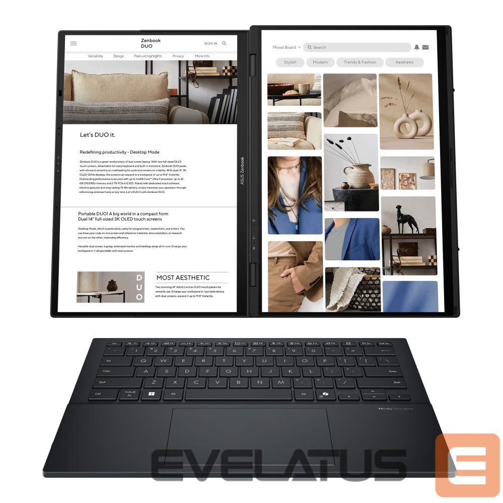 Nešiojamas kompiuteris Asus | Zenbook Duo UX8406CA-QL287W | Inkwell Gray | 14 " | OLED | Touchscreen | FHD | 1920 x 1200 pixels | Intel Core Ultra 7 | 255H | 16 GB | LPDDR5X | Solid-state drive capacity 1000 GB | Intel Arc Graphics | Windows 11 Home | 802.11be | Bluetooth version 5.4 | Keyboard language US international | Keyboard backlit | Warranty 24 month(s) | Battery warranty 12 month(s)