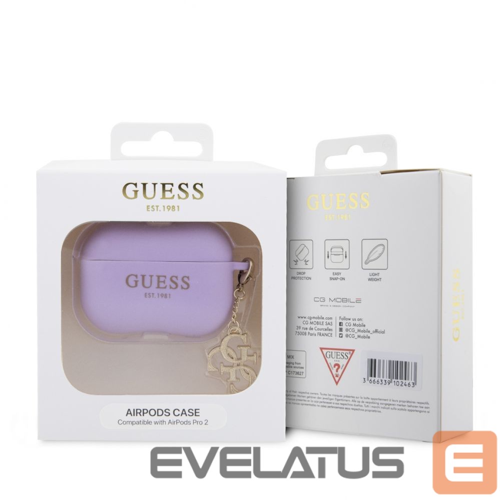 Dėklai ausinėms Guess Apple Airpods Pro 2 Case Silicone Classic Logo Gold With 4G Charm Purple