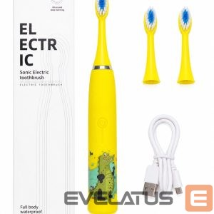 Dantų šepetėlis iLike  Kids Rechargeable Sonic Electric Toothbrush, USB Charging, 3 Brush Heads (1+2 Replacement Heads), Soft Bristles, Waterproof, Yellow Crocodile Design Yellow