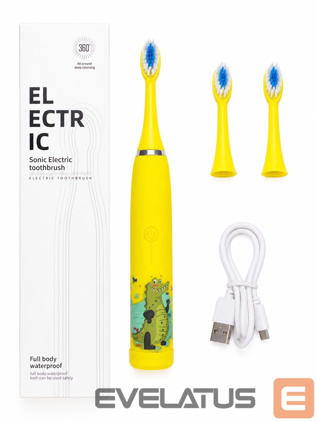 Dantų šepetėlis iLike Kids Rechargeable Sonic Electric Toothbrush, USB Charging, 3 Brush Heads (1+2 Replacement Heads), Soft Bristles, Waterproof, Yellow Crocodile Design Yellow