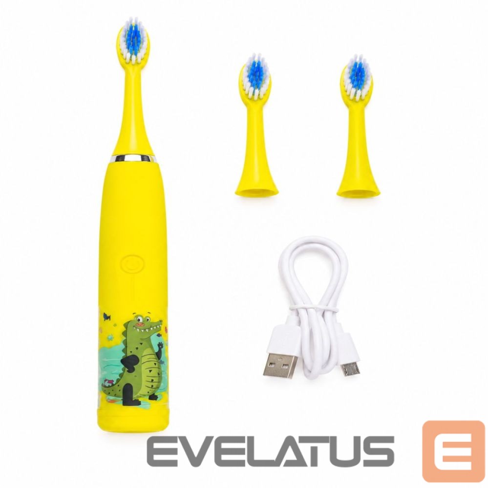 Dantų šepetėlis iLike Kids Rechargeable Sonic Electric Toothbrush, USB Charging, 3 Brush Heads (1+2 Replacement Heads), Soft Bristles, Waterproof, Yellow Crocodile Design Yellow