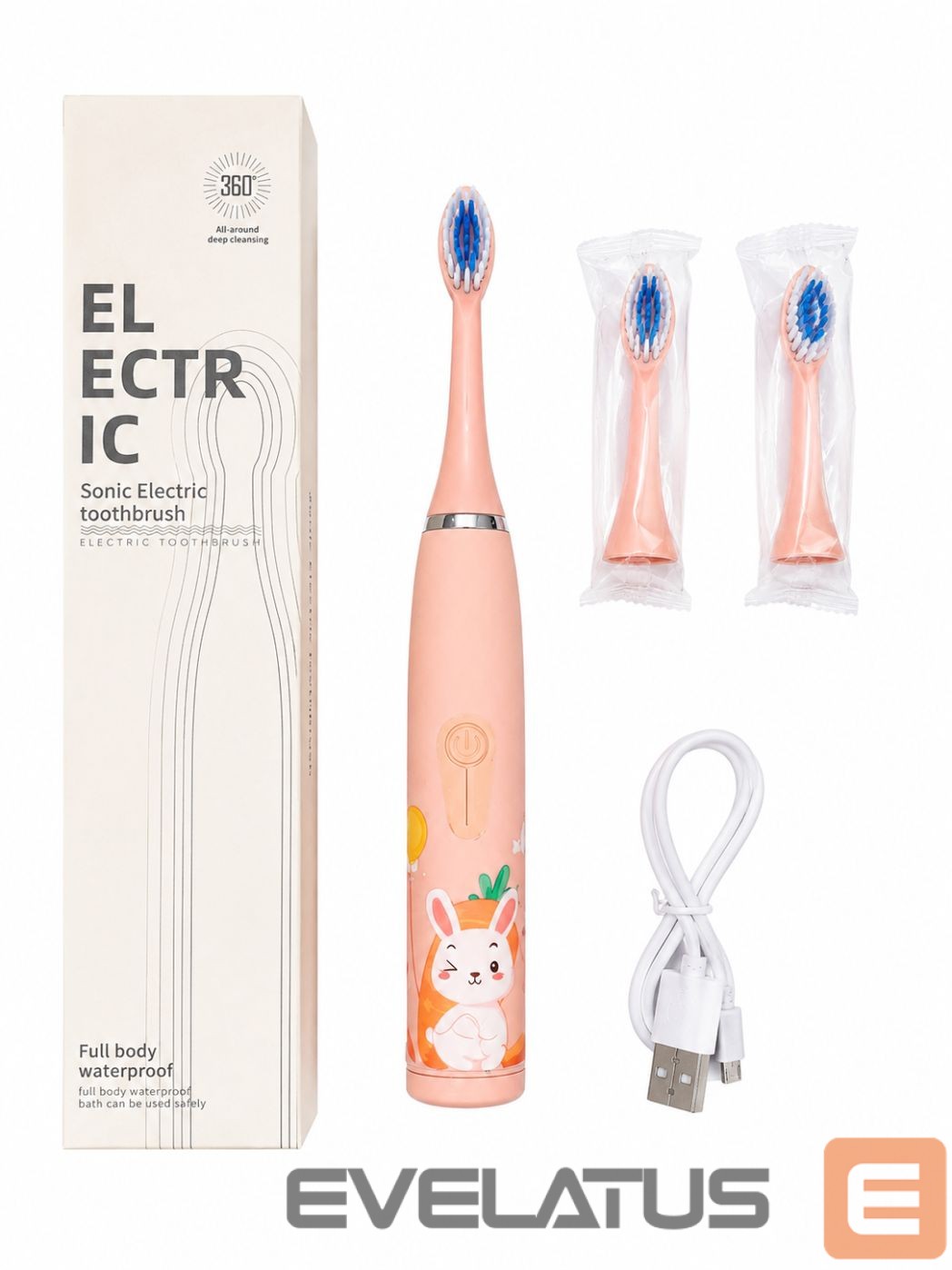 Dantų šepetėlis iLike Kids Rechargeable Sonic Electric Toothbrush, USB Charging, 3 Brush Heads (1+2 Replacement Heads), Soft Bristles, Waterproof, Bunny Design, Pink Pink