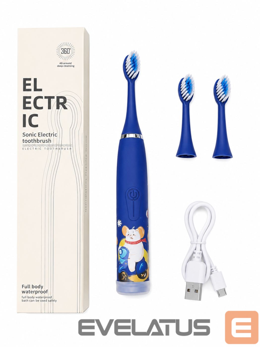 Dantų šepetėlis iLike Kids Rechargeable Sonic Electric Toothbrush, USB Charging, 3 Brush Heads (1+2 Replacement Heads), Soft Bristles, Waterproof, Blue Bear Design Blue