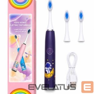 Dantų šepetėlis iLike  Kids Rechargeable Sonic Electric Toothbrush, USB Charging, 3 Brush Heads (1+2 Replacement Heads), Soft Bristles, Waterproof, Space Astronaut Design Purple