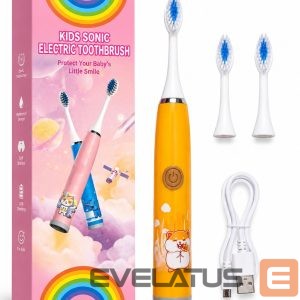 Dantų šepetėlis iLike  Kids Rechargeable Sonic Electric Toothbrush, USB Charging, 3 Brush Heads (1+2 Replacement Heads), Soft Bristles, Waterproof, Cute Hamster Design Orange