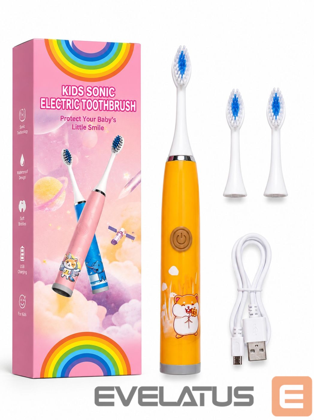 Dantų šepetėlis iLike Kids Rechargeable Sonic Electric Toothbrush, USB Charging, 3 Brush Heads (1+2 Replacement Heads), Soft Bristles, Waterproof, Cute Hamster Design Orange