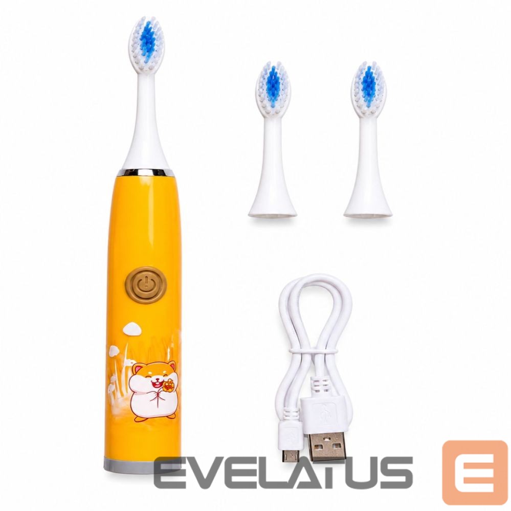 Dantų šepetėlis iLike Kids Rechargeable Sonic Electric Toothbrush, USB Charging, 3 Brush Heads (1+2 Replacement Heads), Soft Bristles, Waterproof, Cute Hamster Design Orange