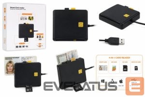 Adapteris iLike  4-in-1 USB Smart Card Reader with SIM, SD & Micro SD Support, CAC Reader for ID Cards, Bank Cards, eID and Memory Cards Black