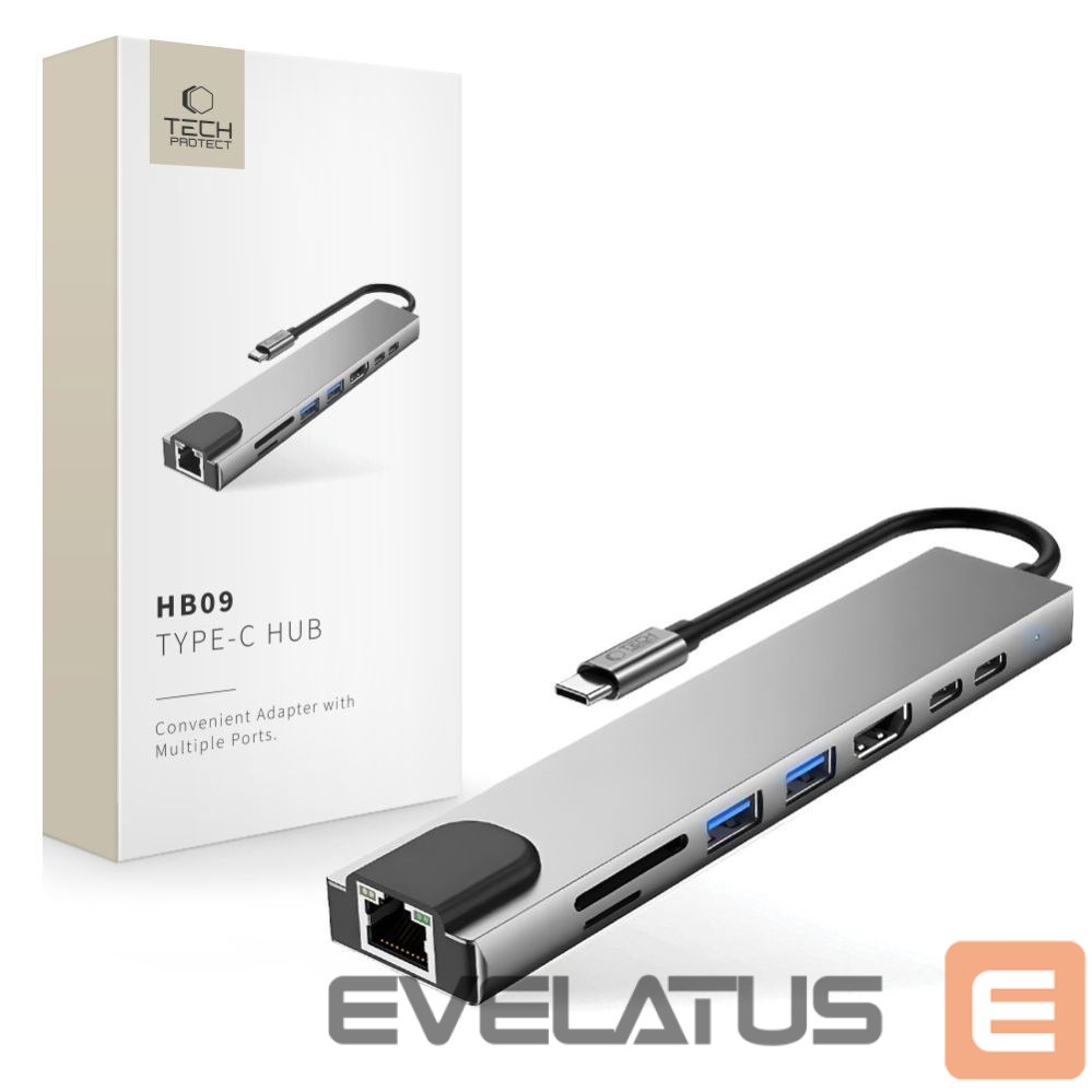 Kitos prekės Tech-Protect Tech-Protect HB09 USB hub 8in1 TYPE-C + USB-A 3.0 + USB-C 3.0 + HDMI 4K 60HZ + SD/TF + PD100W + RJ45 1000 MB/S - gray