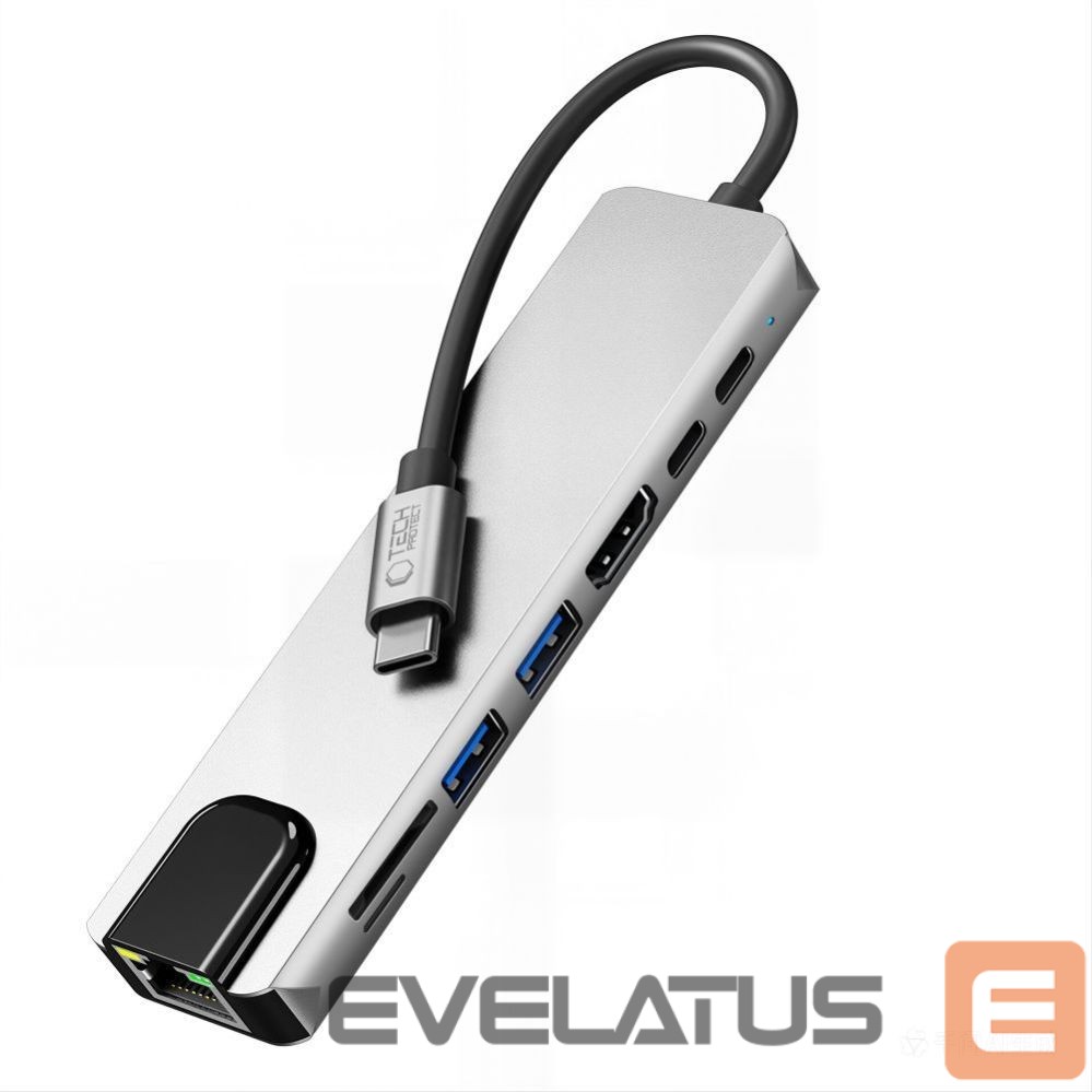 Kitos prekės Tech-Protect Tech-Protect HB09 USB hub 8in1 TYPE-C + USB-A 3.0 + USB-C 3.0 + HDMI 4K 60HZ + SD/TF + PD100W + RJ45 1000 MB/S - gray