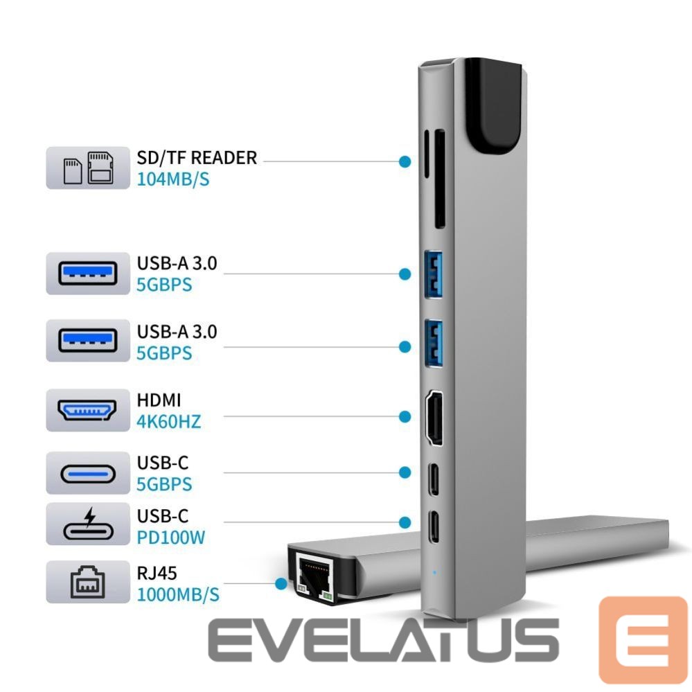 Kitos prekės Tech-Protect Tech-Protect HB09 USB hub 8in1 TYPE-C + USB-A 3.0 + USB-C 3.0 + HDMI 4K 60HZ + SD/TF + PD100W + RJ45 1000 MB/S - gray