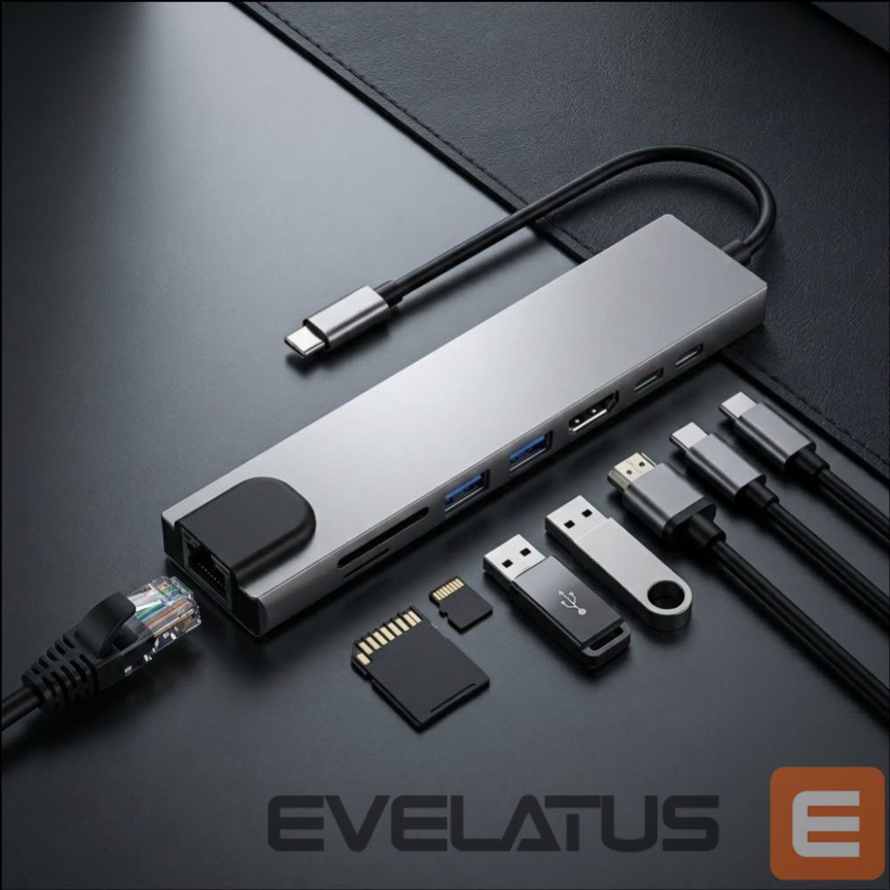 Kitos prekės Tech-Protect Tech-Protect HB09 USB hub 8in1 TYPE-C + USB-A 3.0 + USB-C 3.0 + HDMI 4K 60HZ + SD/TF + PD100W + RJ45 1000 MB/S - gray