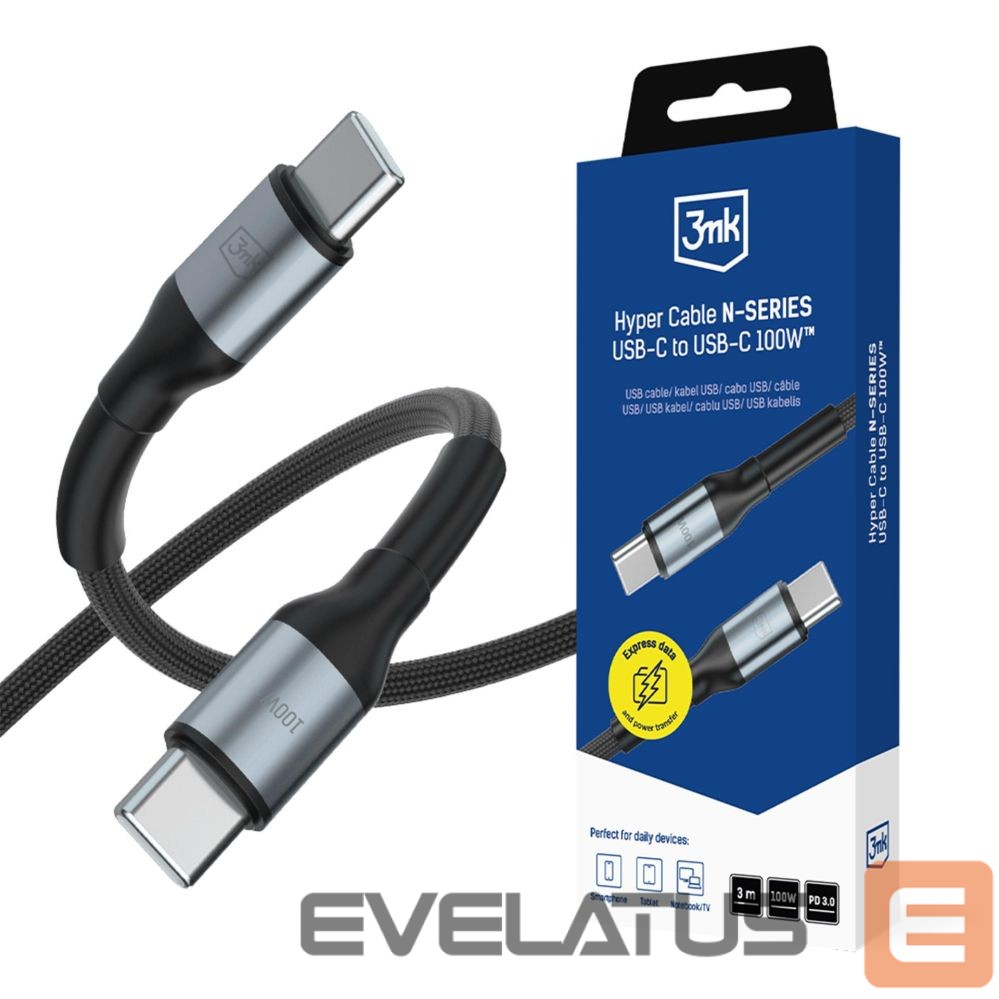 Kitos prekės 3MK 3mk Hyper Cable N-SERIES USB-C / USB-C 3m PD 3.0 QC 3.0 20V / 5A 100W - black