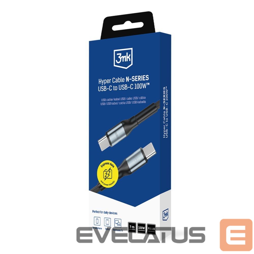 Kitos prekės 3MK 3mk Hyper Cable N-SERIES USB-C / USB-C 3m PD 3.0 QC 3.0 20V / 5A 100W - black