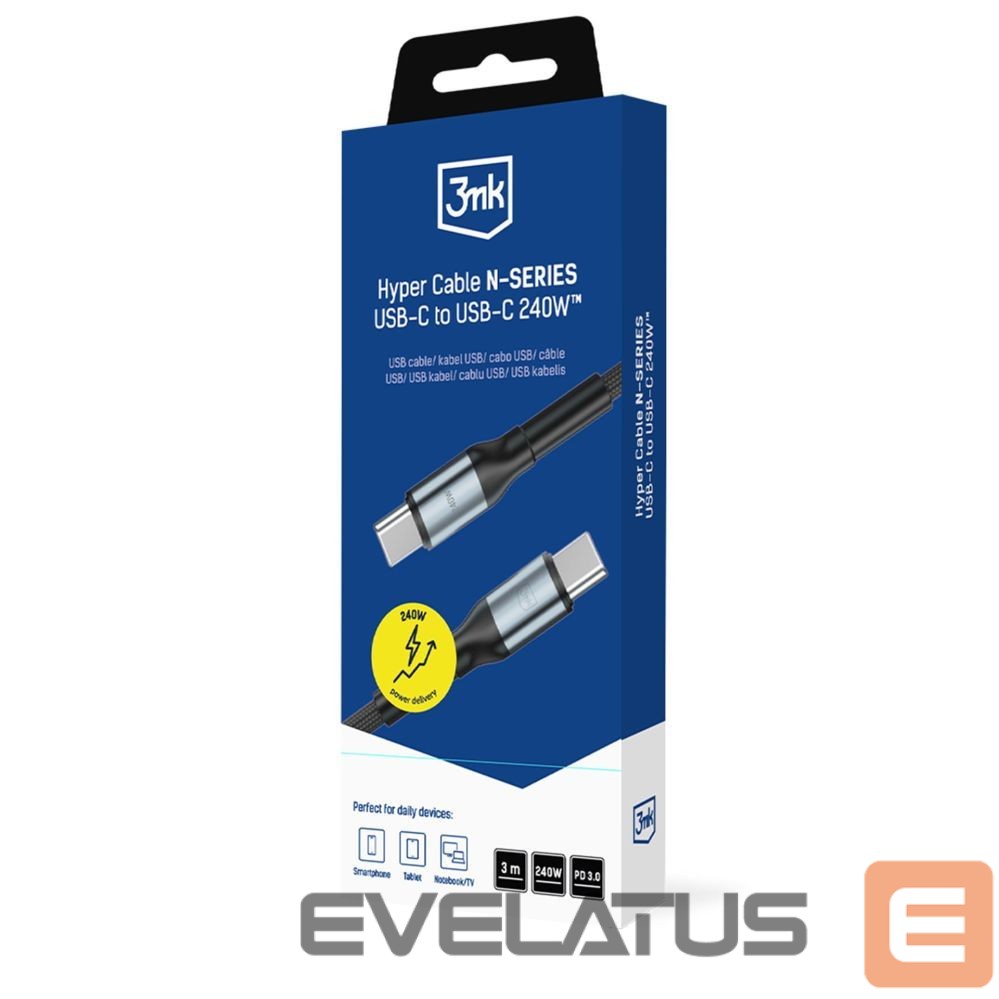 Kitos prekės 3MK 3mk Hyper Cable N-SERIES USB-C / USB-C 3m PD 3.0 QC 3.0 48V / 5A 240W - black